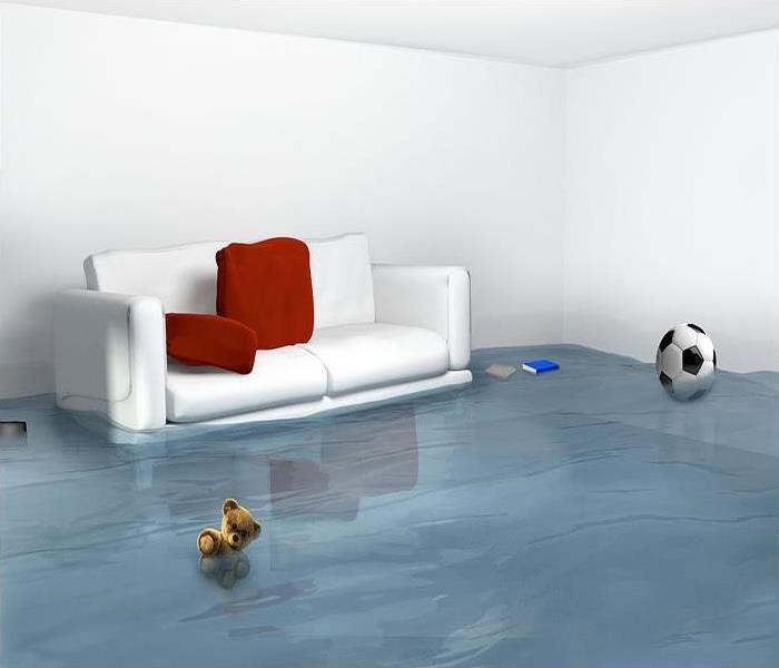 Living room with white couch floating in a pool of water