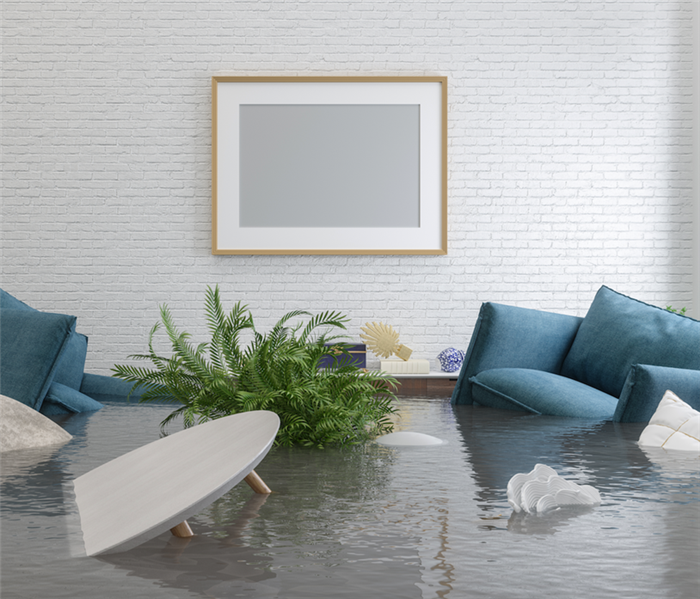flooded living room with couch and pillows floating